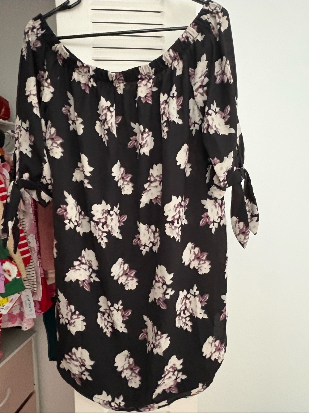 Black Floral Off-Shoulder Tie-Sleeve Women’s dress